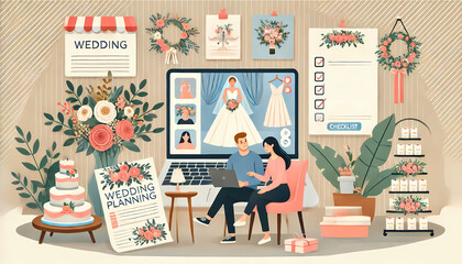 flat illustration couple planning their wedding virtually, using laptop meet with planner, with wedding elements like flowers, invitations, and checklist