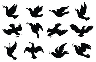 Dove silhouettes icon set. Black shape of pigeons. Vector flying doves with olive branch on white background