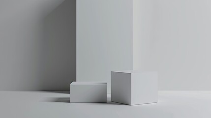 Two white display cubes in a modern setting.