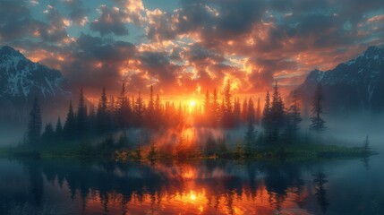 Obraz premium Fiery sunset over tranquil forest lake and mountain range