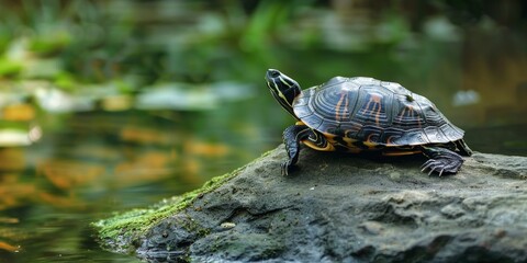 Obraz premium A turtle is sitting on a rock in a pond. The turtle is green and black with a yellow belly. The rock is gray and the water is green. The turtle is looking at the camera.