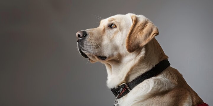 A studio shot of a beautiful yellow labrador retriever looking away from the camera.