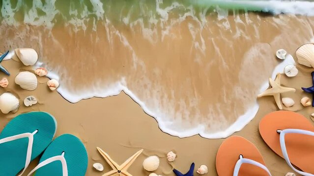 Waves on the beach by the sea video. Summer background on the theme of beach, sea, shells, sea slippers, sea towel, sunglasses and Summer months and holidays theme, Top view, copy space