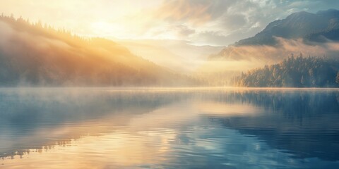 Obraz premium The sunrise over the misty lake.