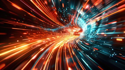 The image is an abstract representation of a journey through a wormhole. The colors are vibrant and intense, and the sense of speed and motion is palpable. The image is full of energy and excitement