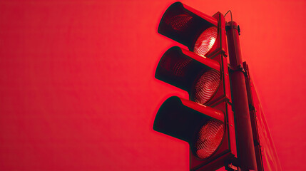 I imagine an image of red traffic lights mounted on a wall against a city skyline backdrop