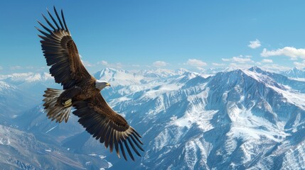 Fototapeta premium Powerful eagle soaring high above the mountains, wings spread wide against the clear blue sky
