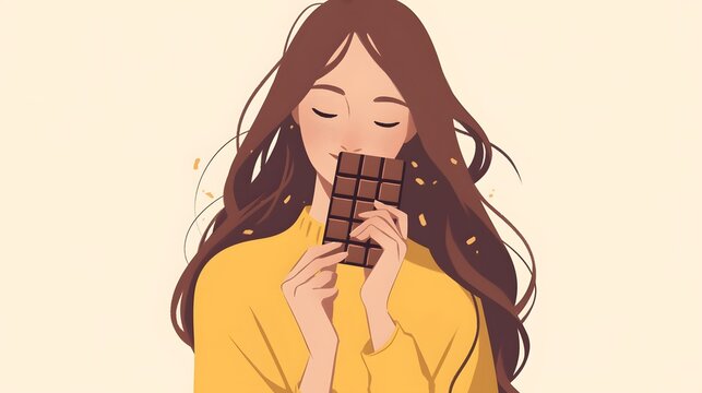 Young woman enjoying a chocolate bar, dressed in a yellow sweater, with long flowing hair.