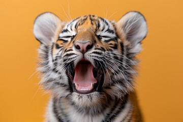 A close-up portrait of a tiger cub with its mouth wide open in a yawn, against a bright yellow backdrop