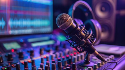 Close-up Professional microphone and headphones at the radio station, entertainment and communication concept. Web banner graphic design.