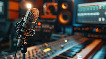 Close-up Professional microphone and headphones at the radio station, entertainment and communication concept. Web banner graphic design.