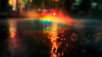 Photograph of the luminous rainbow park on black background, very small and blurry in center of frame, textured and grainy