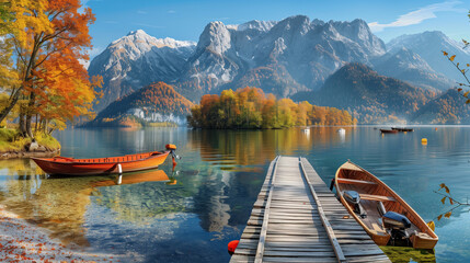 Obraz premium Scenic Mountain Lake with Wooden Dock and Boats
