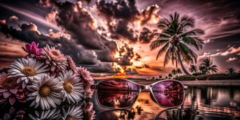 A pair of sunglasses is on a table next to a vase of flowers