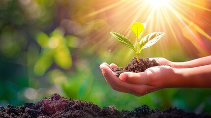 Fototapeta premium Hands Holding Young Plant with Soil