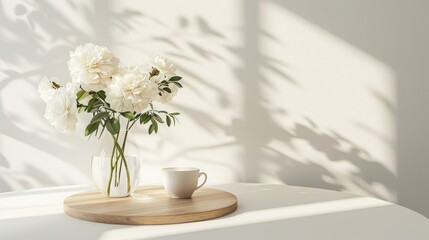 Wood round podium with white cup and white peonies in glass vase