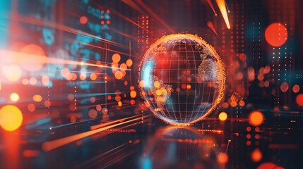 Obraz premium A vibrant digital globe surrounded by glowing lines and data points, symbolizing the advanced interconnectedness of modern technology and global networks.
