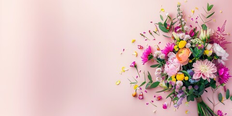 Naklejka premium A vibrant bouquet of mixed flowers on a pink background with room for text.