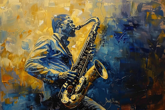 Jazzman plays saxophone on grunge background. For celebrating 31th July - uncommon musical instrument day