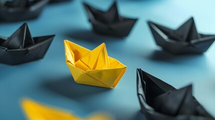 One Yellow Origami Ship Surrounded by Black Origami Ships Outstanding Concept Light Blue Background