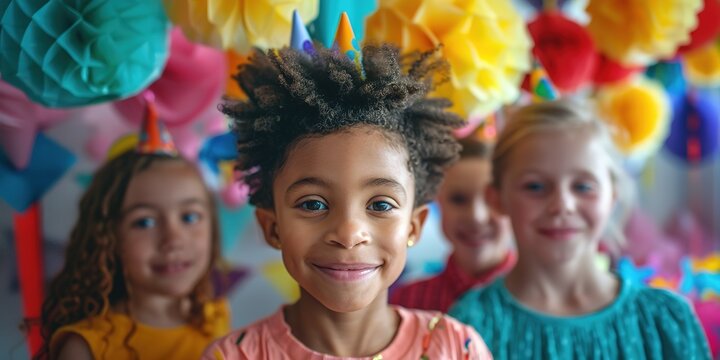 Children at a birthday party with colorful decorations.