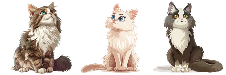 Obraz premium Set of cartoon style fluffy cats characters isolated on transparent background 
