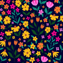 Bold flowers hand drawn vector seamless pattern on dark background. Bright decorative blossom, blooming backdrop. Botanical texture with modern abstract flowers for fabric, textile, wallpaper.