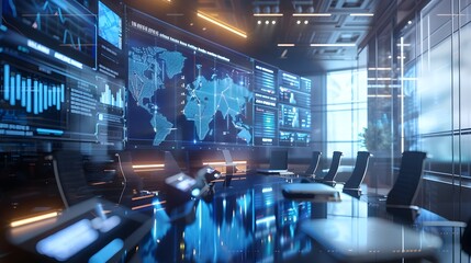 Futuristic Control Room with Global Tech Analytics Interface