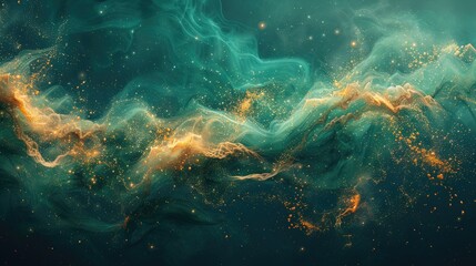 Fototapeta premium Abstract green and gold fluid art with flowing waves and sparkles, perfect for luxurious designs, creative projects, and modern decor