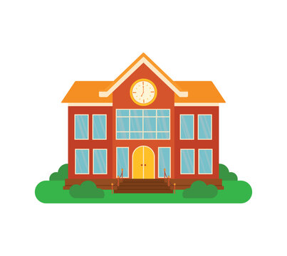 Red School Building with Grass Cartoon Vector Illustration for Back To School Banner Element Decoration