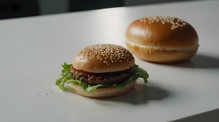 Delicious hamburger sandwich stacked with juicy beef, cheese, and veggies.