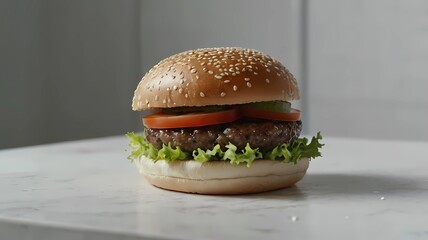 Grilled hamburger sandwich topped with cheese, lettuce, tomato.