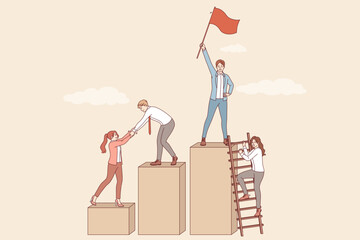 Team building for business people who rise to top of career ladder together and choose leader holding red flag. Team of white collar workers developing together to achieve superior results © drawlab19