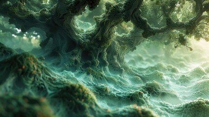 Abstract green tree roots and branches with a foggy atmosphere, ideal for fantasy art, mystical designs, and imaginative visuals