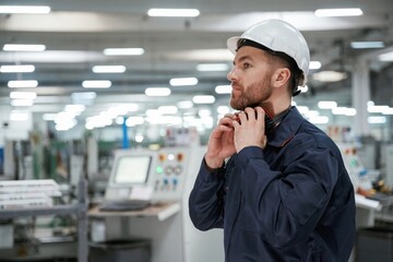 With protective headphones. Factory worker is indoors with hard hat