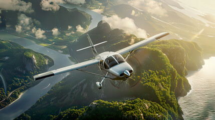 Detailed portrayal: Small light aircraft engaged in training flight authentic depiction scenic surroundings immersive ambiance .