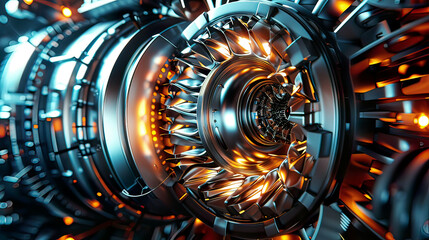 Fototapeta premium Hyper-realistic 3D illustration of a futuristic jet engine detailed view of advanced engineering and components lighting sleek metallic textures modern aerospace 