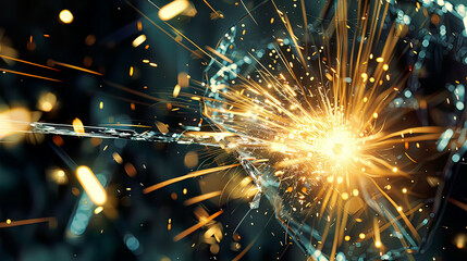 Hyper-realistic close-up image of laser cutting through metal vivid and bright sparks flying detailed view of the cutting process  intense and precise illumination modern 