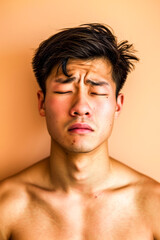 Obraz premium Sad bare-chested Asian man on a beige background