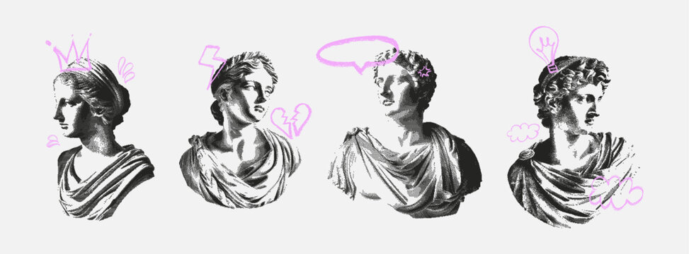 Punk antique greek statue busts. Vector halftone illustration. Vintage grunge Y2k aesthetic. Contemporary collage elements with retro dotted stipple effect. 