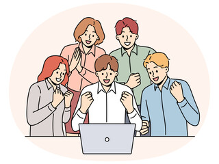 Happy team coworking on laptop celebrate shared business win or success. Smiling businesspeople excited with good results collaborating on computer in office. Vector illustration.