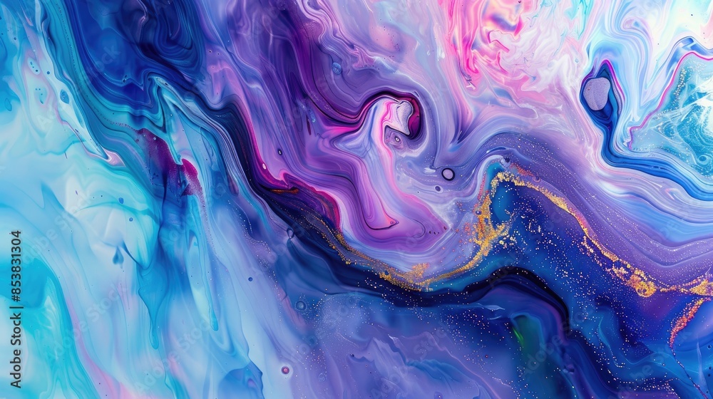 Wall mural Abstract fluid art with blue and purple swirls, accented with touches of gold, creating a vibrant and dynamic effect, perfect for modern digital art and design projects