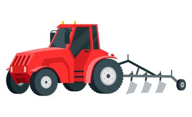 Naklejka premium Tractor ready to plowing the field in rural or countryside land. Farm life, equipment for soil cultivation. Vector cartoon illustration