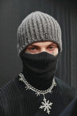 Aesthetic fashion magazine photo. Model in stylish head accsessories. Balaclava trends. Ideal concept for social media, fashion bloggers.