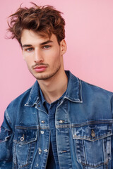 Fototapeta premium Aesthetic fashion magazine photo. Model in stylish jeans look. Ideal concept for social media, fashion bloggers.