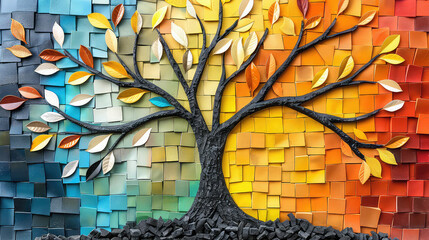 Elegant colorful tree with vibrant leaves hanging branches illustration background. Bright color 3d abstraction wallpaper for interior mural painting wall art decor. Ai	