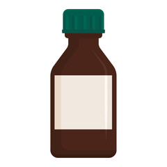 Brown glass bottle with green cap and empty label isolated on white background. Flat design