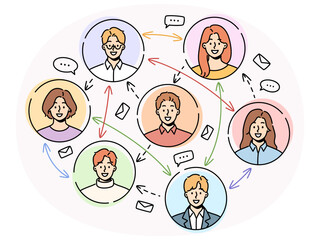 Smiling men and women communicate chat on social network. Various people communication on internet. Messaging and texting online on web. Vector illustration.
