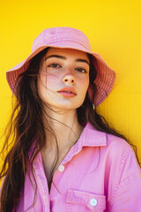 Aesthetic fashion magazine photo. Model in stylish summer look. Bucket hat trends. Ideal concept for social media, fashion bloggers. 