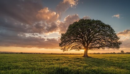 Fototapeta premium A wide angle shot of a single tree growing under a clouded sky during a sunset surrounded by grass